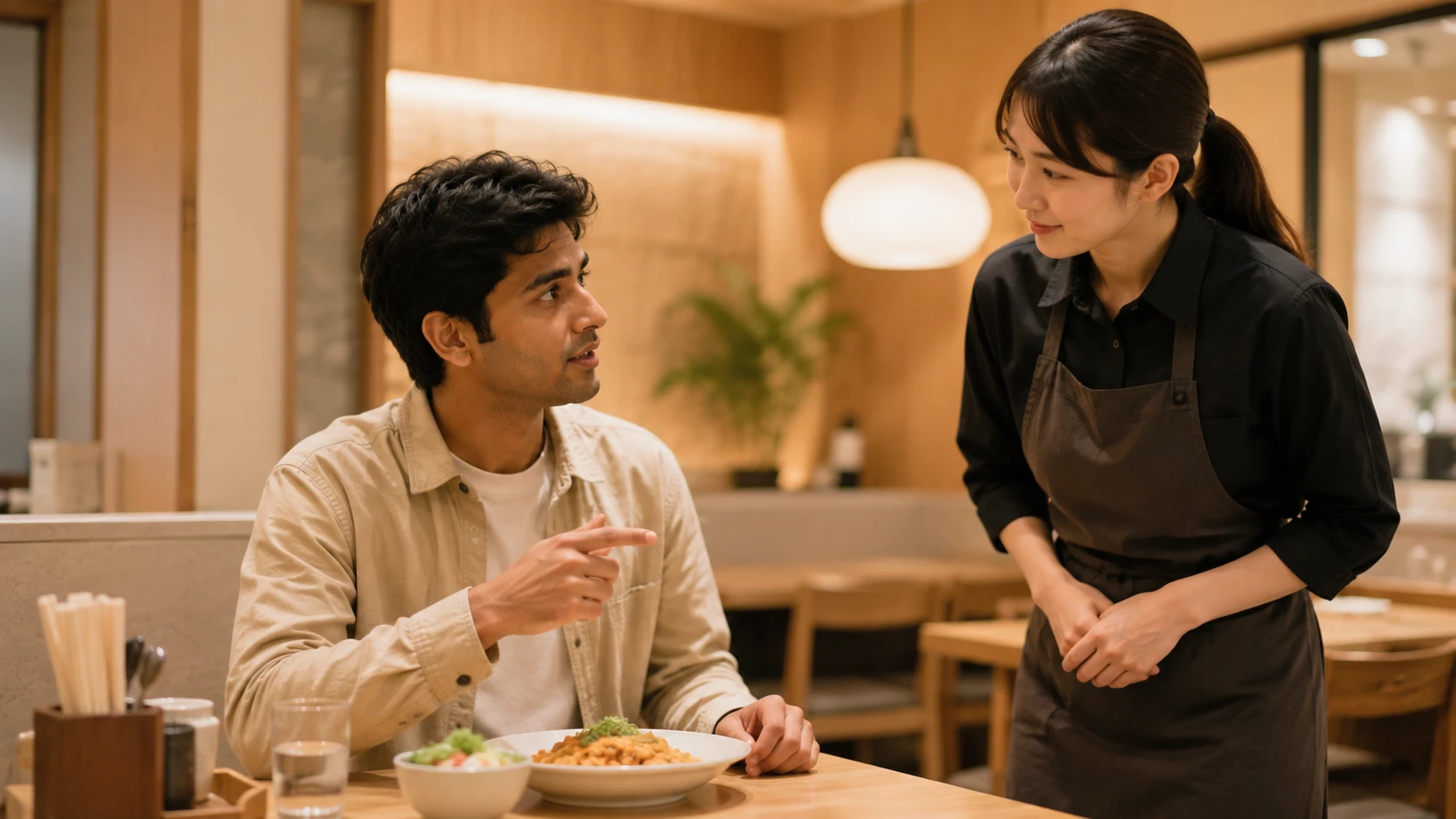 জাপানের রেস্টুরেন্টে বিশেষ খাবারের অনুরোধ জানাচ্ছেন একজন শিক্ষার্থী